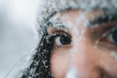 A person's eye and face covered in snow