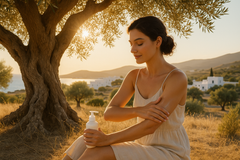 vrouw die bodylotion gebruikt onder een olijfboom in griekenland